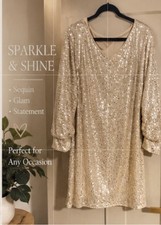 Gold Sequin V-Neck 3/4 Sleeve Mini Dress Womens L Regular Polyester