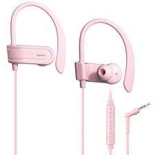 Wired Over Ear Earbuds Microphone Volume Control Ear Hook Case Sweatproof Pink
