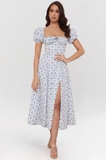 House of CB Women's Tallulah White Blue Floral Puff Sleeve Midi Dress Sz L