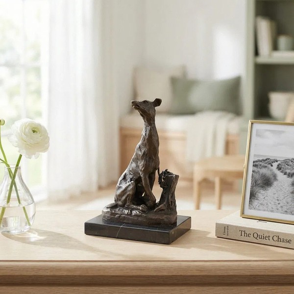 Hochwertige Bronzefigur Windhund, Patiniert, Auf Marmorsockel, H.18 Cm-image