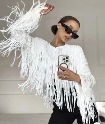 ZARA 2026 ZW Collection White Sequin Fringe Jacket Size L 3210/040 Trendy - Image 1 of 4
