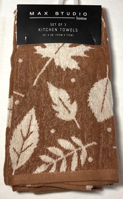 MAX STUDIO KITCHEN TOWELS (3) LEAVES BROWN CREAM COTTON POLYESTER 20 X 28 NIP