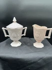 Jeannette Pink Milk Glass Baltimore Pear Creamer & Sugar Set with Lid Vintage