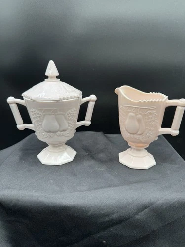 Jeannette Pink Milk Glass Baltimore Pear Creamer & Sugar Set with Lid Vintage