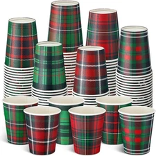 90 Pcs Christmas Paper Cups 9 oz Disposable Red Green Plaid Design Hot Cold