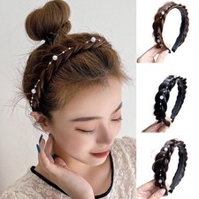 Womens Pearl Braided Synthetic Plait Plaited Elastic Hair Access Band Headband