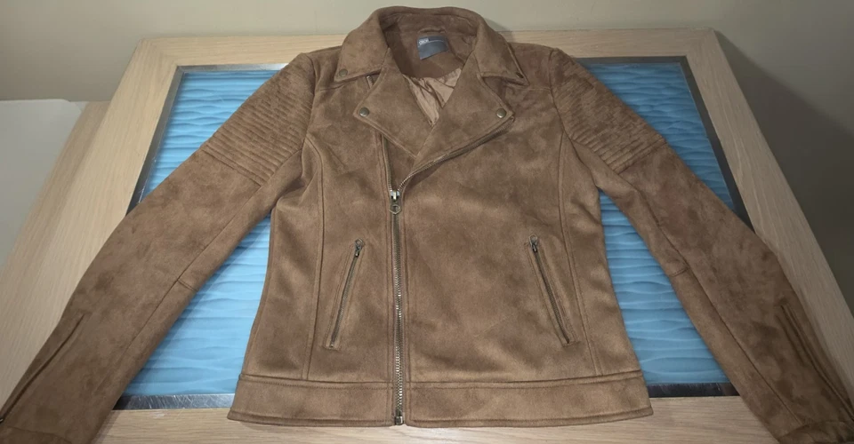 ASOS Faux Suede Moto Biker Jacket Men’s Size Small Camel Tan Zip Up Soft Lined - Image 2 of 4