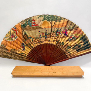 Antique Japanese Folding Fan Hand Painted Fabric Pre-WWII c1920-30s Original Box