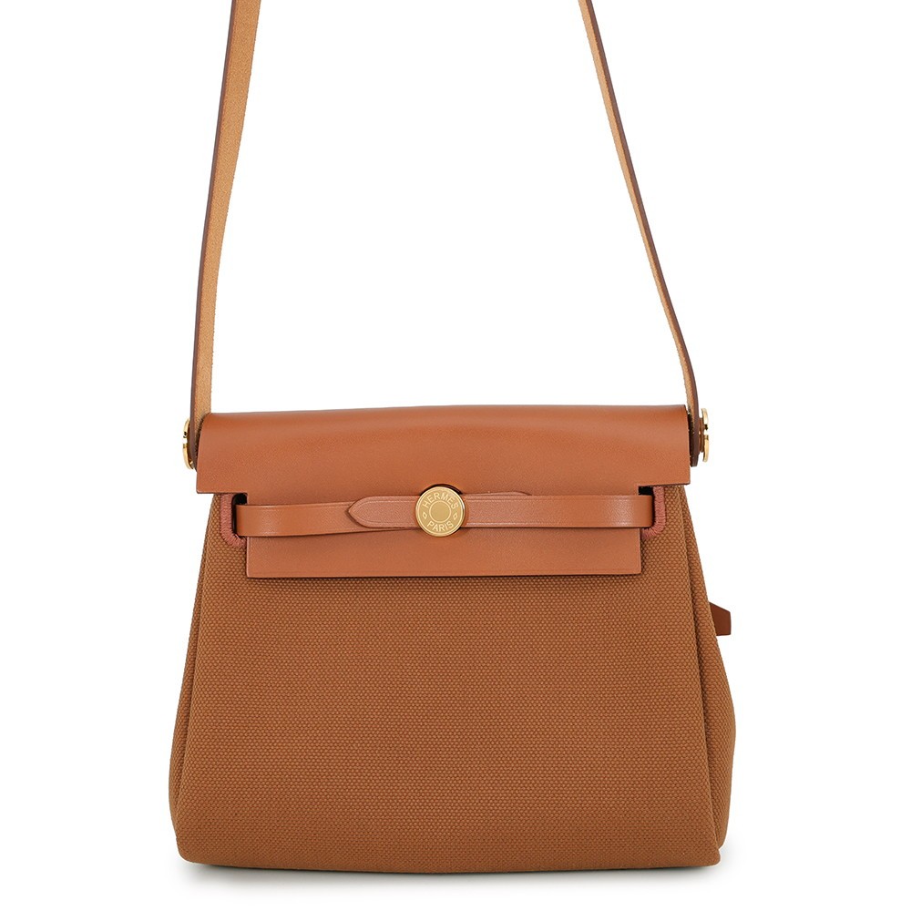 HERMES Herbag zip Size Mini Toile Military/Vache Hunter Leather Fauve