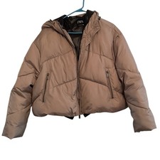ZARA Cropped Puffer Jacket donna M tortora cappotto invernale con cappuccio e zip