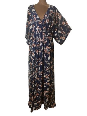 Baltic Born Dress Women s Medium Kia Kimono Maxi Dark Blue Floral Flutter Sleeve