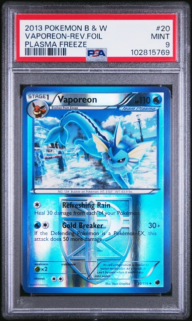 2013 POKEMON BLACK & WHITE PLASMA FREEZE #20 VAPOREON-REVERSE FOIL PSA 9