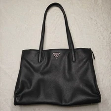 Guess Power Play Tech Tote Shoulder Bag Black Purse Faux Leather Gold Accents