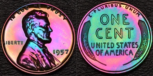 1957 PROOF Lincoln 1 One Cent STUNNING MONSTER Rainbow Toning (51-16)