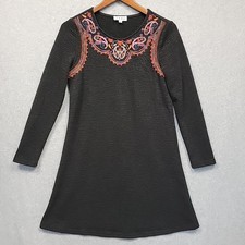 THML Anthropologie Dress Sz S Black Colorful Embroidery Flowers Mini Boho LS EUC