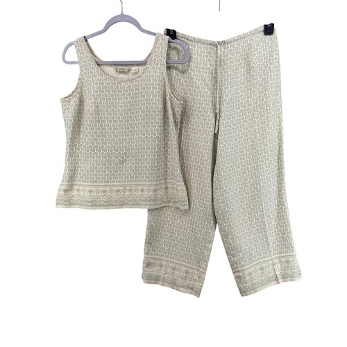 Tommy Bahama Pant Set Womens S Cream Sage Green 100% Silk 2pc Tank Crop Wide Leg