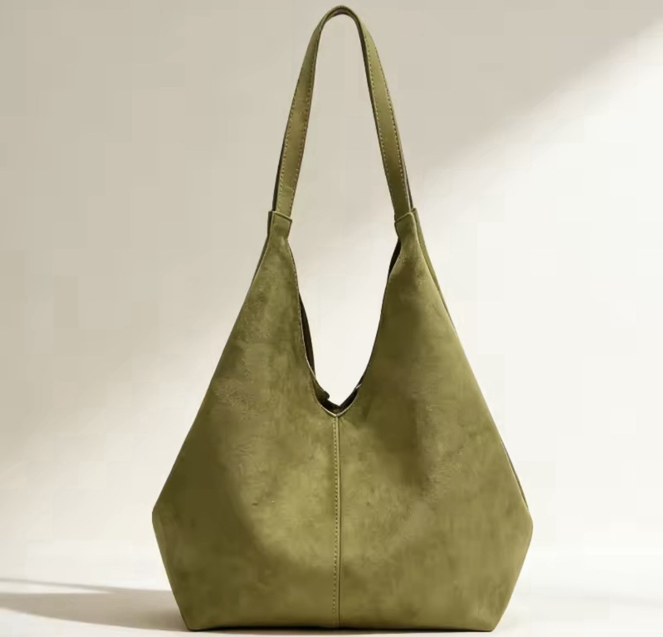Olive Green Suede Bucket Shoulder Bag Large Capacity Casual Tote Purse