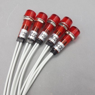 5Pcs 120V AC/DC 10mm RED Mini LED Pilot Lights CYLINDRICAL Cap with wire
