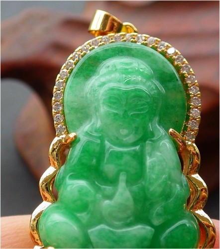 Gold Plate Green Jade Imitation Diamond Guanyin Kwan-yin Buddha Pendant Necklace - Picture 5 of 7