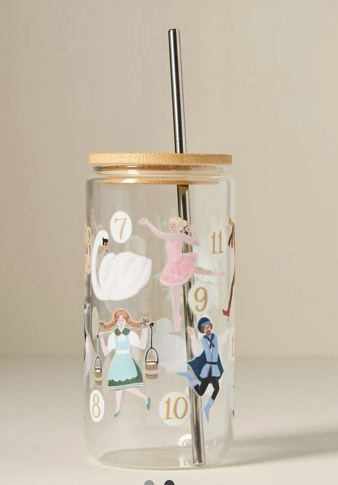 НОВЫЙ ANTHROPOLOGIE «12 ДНЕЙ РОЖДЕСТВА» СТЕКЛЯННЫЙ СТАКАН С КРЫШКОЙ И СОЛОМОЙ ~ 1CANOE2 - Изображение 2 из 4