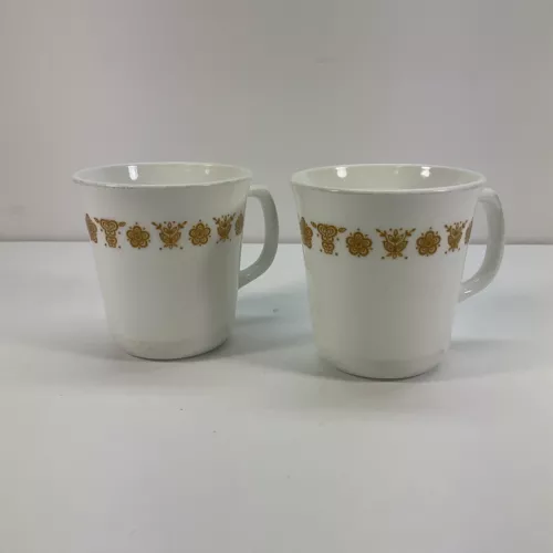2 Corelle Corning BUTTERFLY GOLD 3.5" Coffee Mugs Cups USA Vintage
