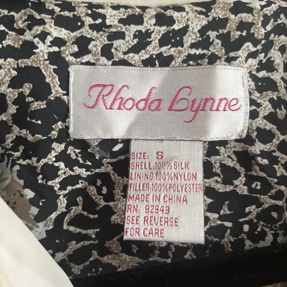 Chaqueta acolchada vintage Rhoda Lynne S frente abierto seda boho animal estampado fiesta Foto 2 de 4