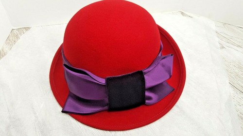 Wool~Red Hat Purple Bow Dressy Fancy 