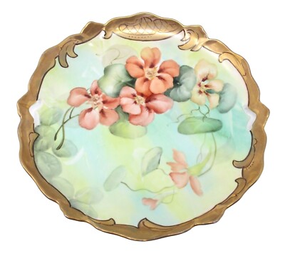 10.75'' HANDLED CAKE PLATE HAND PAINTED VINING FLOWERS GOLD TRIM SIGNED JEAN HELM