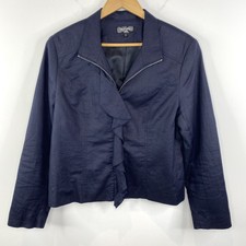 Trisisto Femme Navy Blue 100% Linen Zip Front Blazer Jacket Womens Size 14