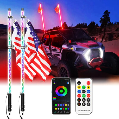 2PC 3FT UTV RGB Spiral Whip Lights Chasing Antenna For Polaris RZR XP 1000 900
