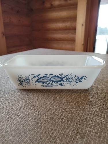 Vintage Glasbake Loaf Pan Blue Onion Pattern J-522