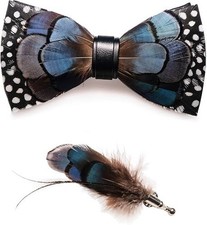 Men s Handmade Feather Bow Tie Set, Pre-Tied Adjustable Bowtie with Detachabl...