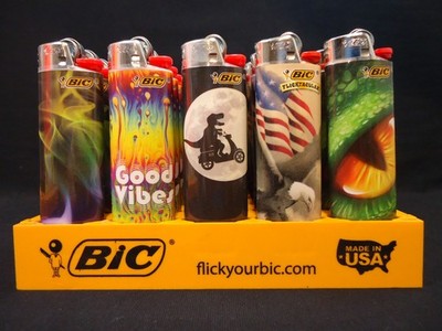 9 Bic Lighters Good Vibes Dinosaur American Eagle & Flag Dragon Beer Heart Lines