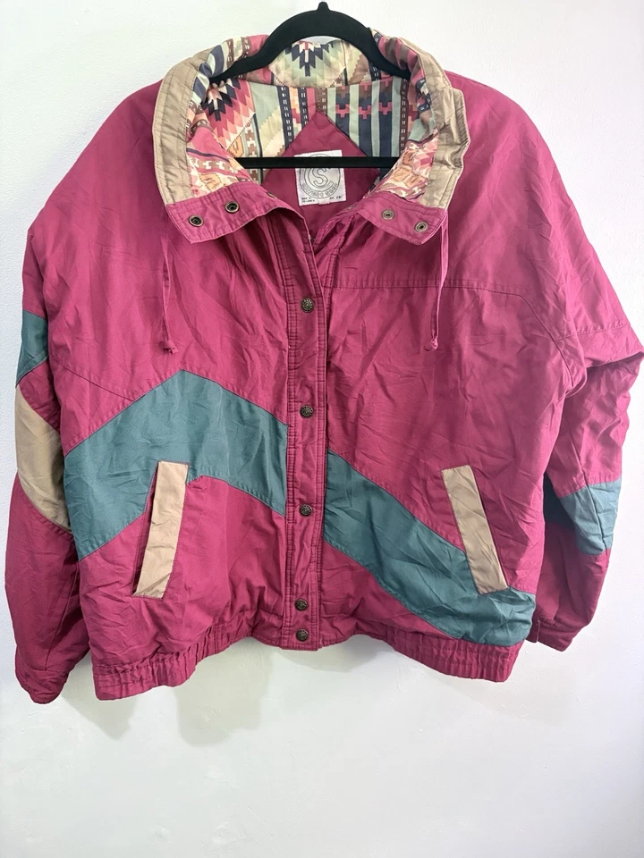 Vintage Aztec Pattern Collar Ski JacketBurgundy Teal Retro Windbreaker L - Image 1 of 2