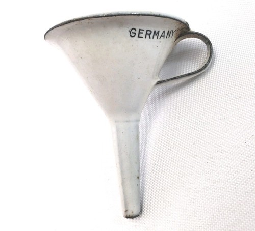 VINTAGE 2.75" SMALL FUNNEL MADE IN GERMANY WHITE ENAMEL w BLACK TRIM & HANDLE