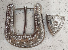 Western Style Rhinestone Belt Buckle Belt Tip Silver Tone Crystals 3.5"
