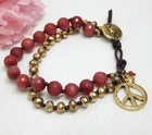 Lucky Brand Gold Tone & Red Jade Gemstone Bead Peace Sign Charm Bracelet 7 3/4"