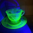 VTG Green Depression Glass Cup & Saucer Set Love Birds Floral Basket Uranium