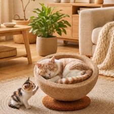 2 in 1 Sisal Cat Scratcher Bed with Wood Base Round Cat Lounger 15 Inch