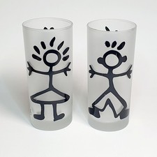 Ancien Lot 2 Verres Yves Blayo Noir Blanc Art Dessin No Quick Keith Haring Rare