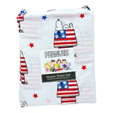 Peanuts Snoopy Patriotic USA July 4th Doghouse Flag QUEEN Sheet Set NEW