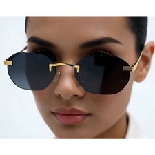 Sunglasses Women Round Gold Frameless Black Lens UV400 Protection Luxury Style