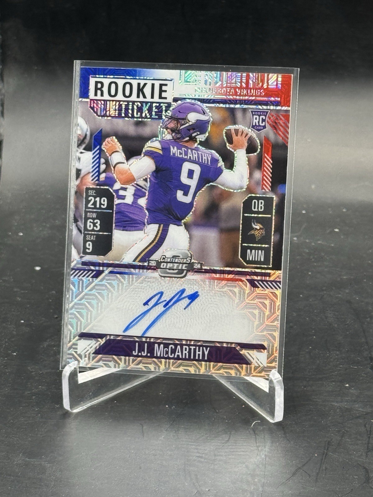 2024 Contenders Optic JJ McCarthy Rookie Ticket Red White Blue Prizm Auto /13