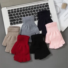 1pair Black Short Half Finger Fingerless Knit Wrist Glove Winter Warm Stretch Wo