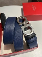 Salvatore Ferragamo Men's Gancini Blue/Black Reversible Belt Silvery Buckle