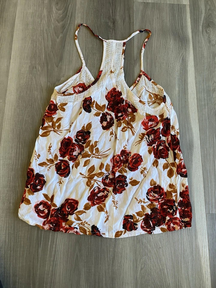 Volcom Red Floral White Tank Top Women’s Racer Back - Image 2 of 4