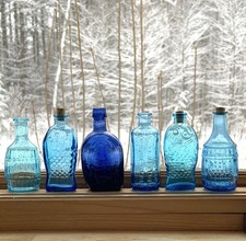 Lote 6 Botellas de Boticario Poción Miniatura Vidrio Color Azul Farmacia Amargos