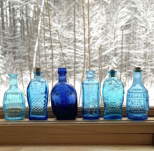 Lot 6 Blues Colored Glass Miniature Potion Pharmacy Bitters Apothecary Bottles