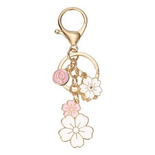 Initial Keychain Flower Charm Letter-Q Key Chain Cute Cherry Blossom Pink