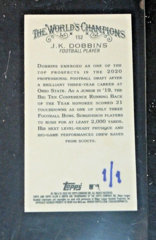 2020 Topps X Allen & Ginter JK J.K Dobbins #152 Silver Mini Baltimore Ravens 1/1 - Image 2 of 2